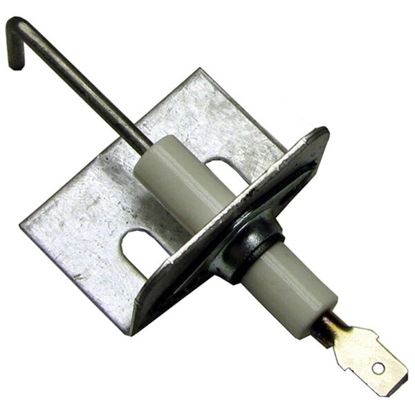 A metal and white device with a screw.