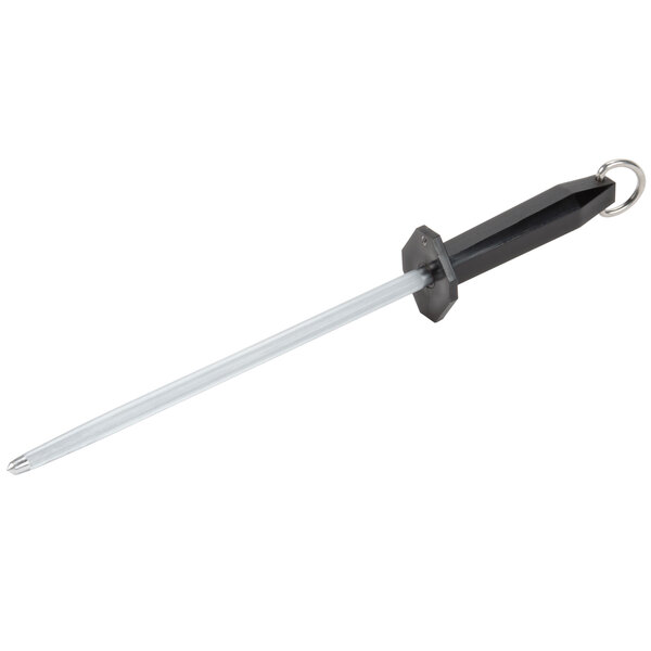 A Victorinox knife sharpening steel with a black plastic handle.