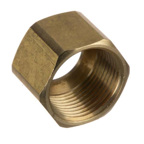 A close-up of a brass threaded nut.