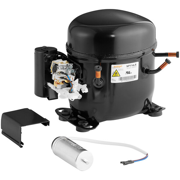 A black Cubigel NPY14LR refrigeration compressor with wires and a metal case.