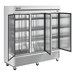 A silver True reach-in refrigerator with two solid doors.