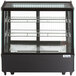 An Avantco black refrigerated countertop display case with glass doors.