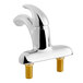 A silver Delta single lever lavatory faucet with gold screws.